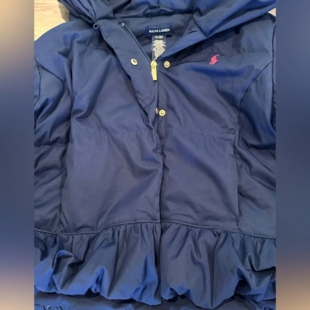Ralph Lauren Girls XL 16 Navy Blue Down Hooded Jacket with Peplum Detail